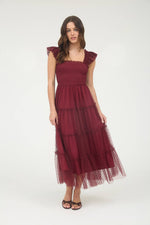 Garden Party Polka Dot Chiffon Tiered Midi Dress | Burgundy