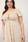 Curvy Smocked Front Tie Button Down Midi Dress | Light Olive