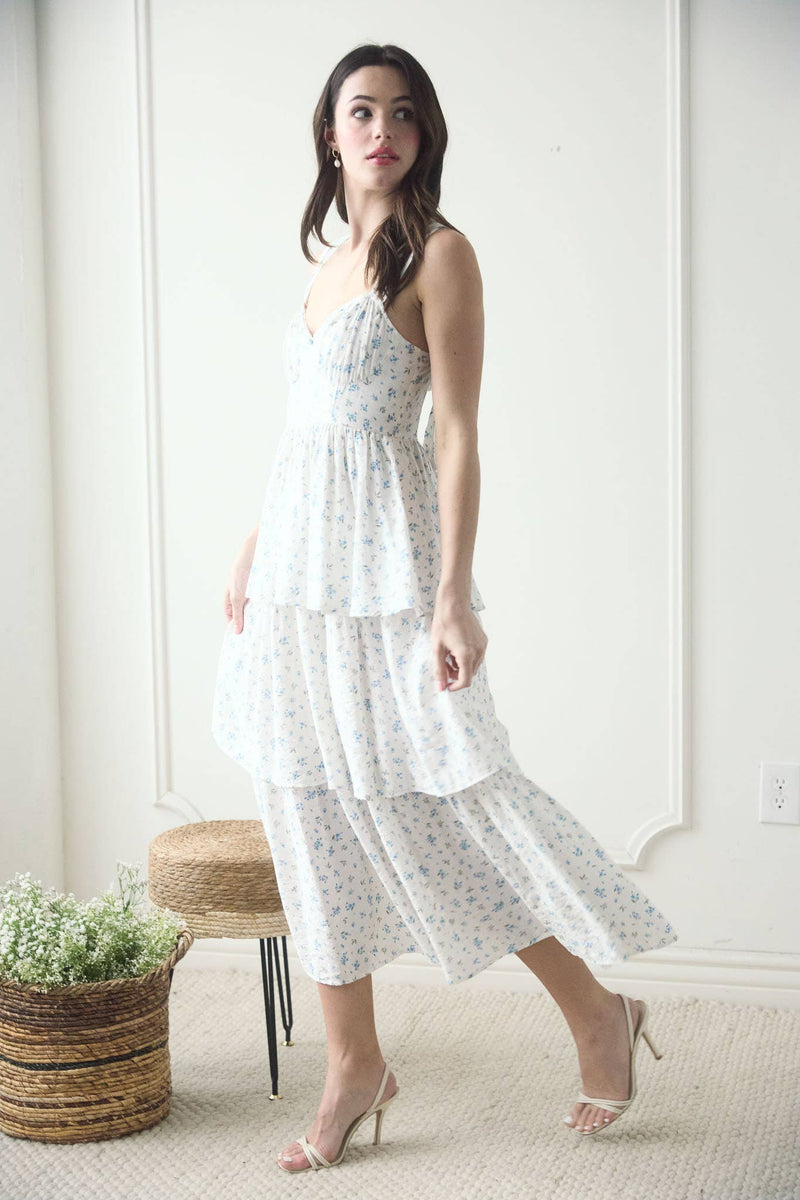 Corset Ruffle Tiered Midi Dress | Blue