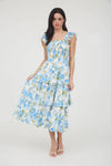 Floral Smocked Sleeveless Ruffle Tiered Dress | Blue