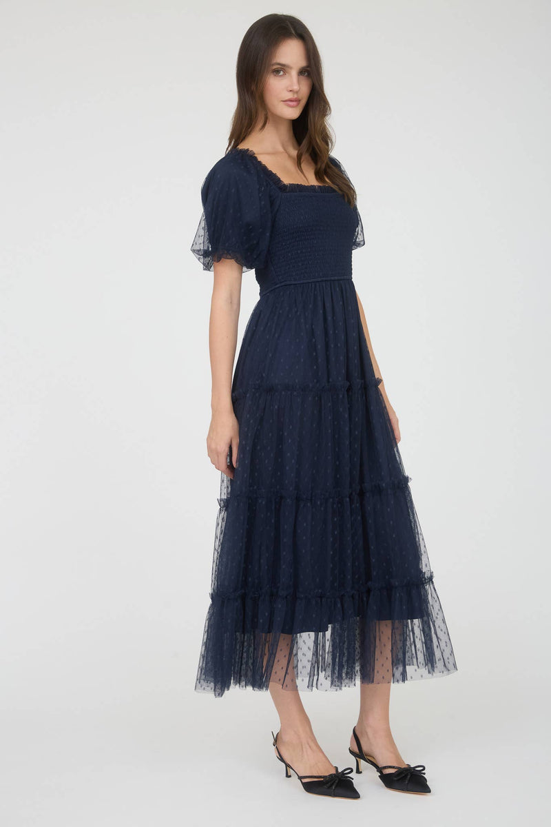 The Garden Party Puff Sleeve Midi Dress | Navy