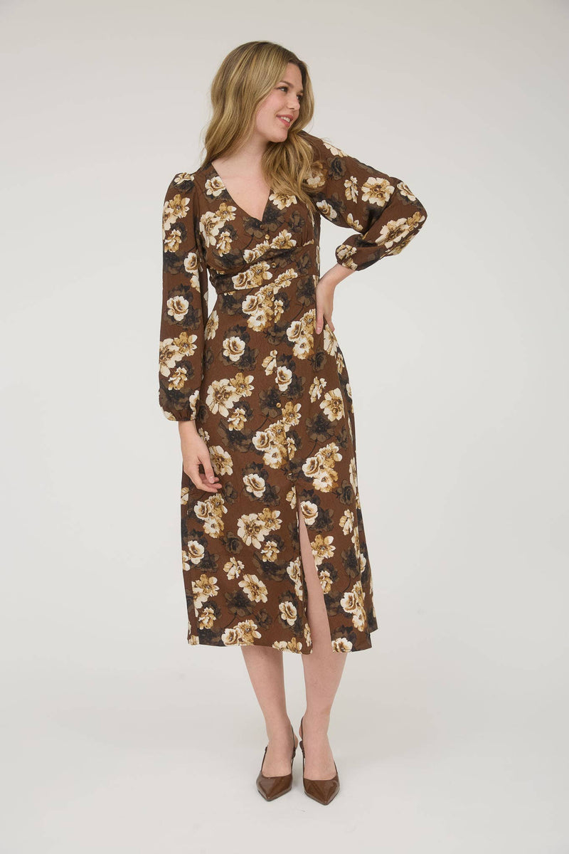 Fall Floral V-Neck Long Sleeve Button Midi Dress | Brown