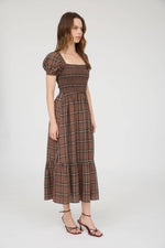 Plaid Smocked Puff Sleeve Ruffle Hem Midi Dress | Brown