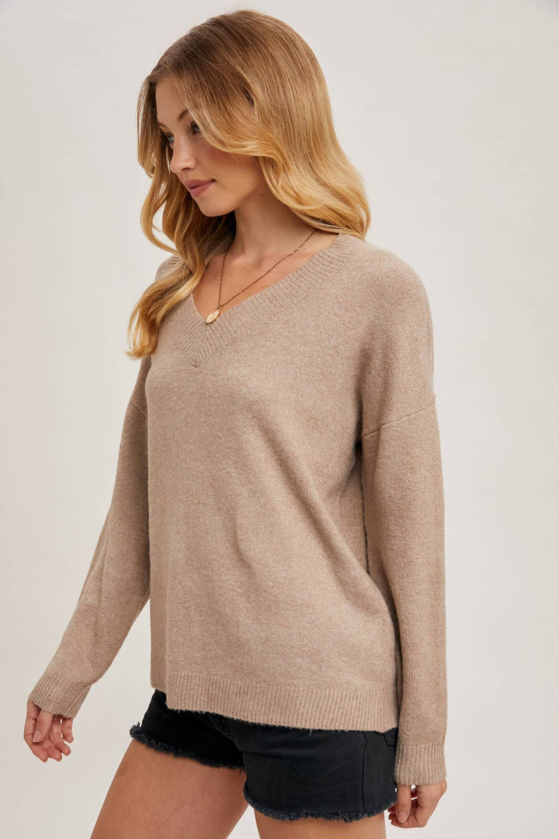 V-Neck Soft Knit Sweater Pullover | Latte