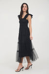 Garden Party Polka Dot Chiffon Tiered Midi Dress | Black