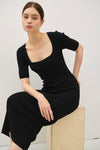 Square Neck Half Sleeve Body-con Sweater Dress | Black
