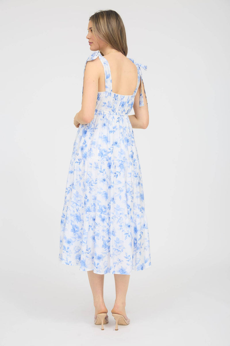 The Lindsay Floral Tie Strap Tiered Midi Dress | Blue