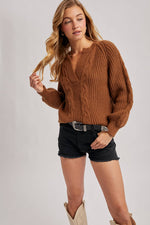 Split Neck Cable Sweater Pullover | Mocha