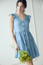 The Sara Chambray Button Down Tiered Mini Dress