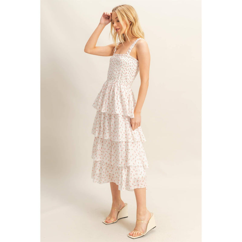 Ditsy Floral Print Smocked Tiered Dress | White