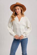 Split Neck Cable Sweater Pullover | Mocha