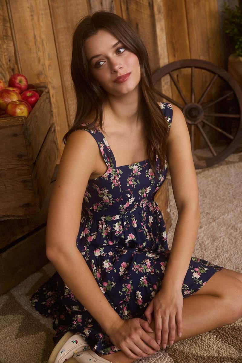 Floral Sleeveless Tiered Mini Dress | Navy