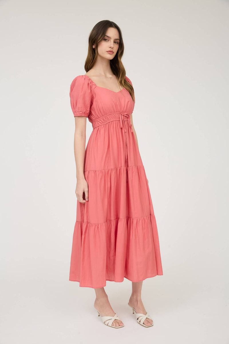 V-Neck Front Tie Puff Sleeve Tiered Midi Dress | Coral