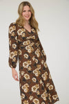 Fall Floral V-Neck Long Sleeve Button Midi Dress | Brown