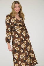 Fall Floral V-Neck Long Sleeve Button Midi Dress | Brown