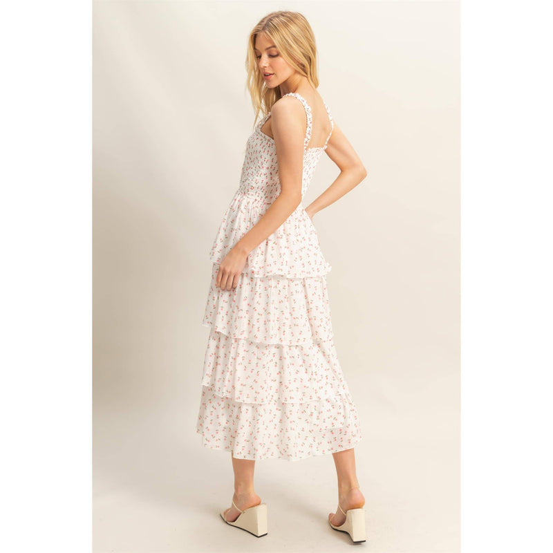 Ditsy Floral Print Smocked Tiered Dress | White