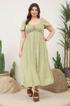 Curvy Smocked Front Tie Button Down Midi Dress | Light Olive