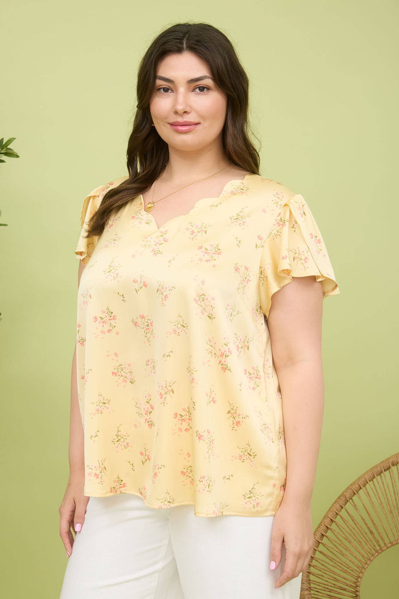 Curvy Floral Print V-Neck Scallop Satin Blouse | Yellow