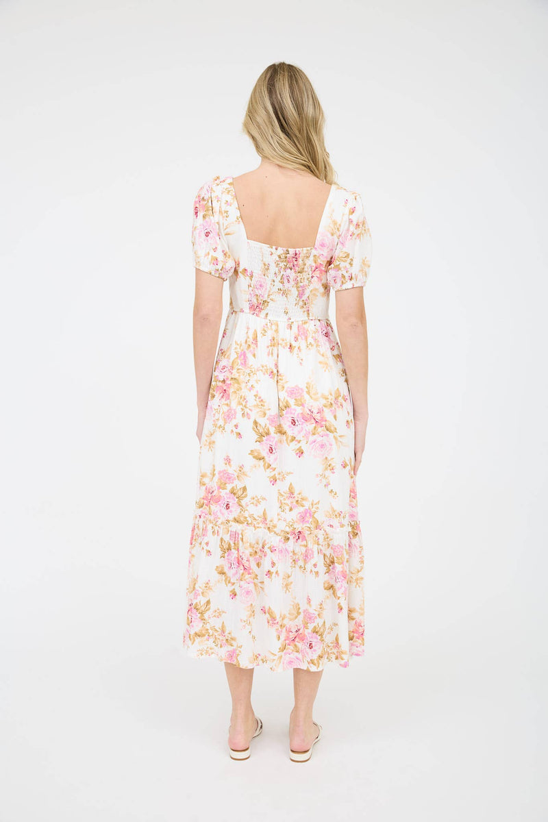 Floral Print Puff Sleeve Midi | Pink