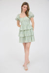 Strip Floral Puff Sleeve Tiered Mini Dress | Sage