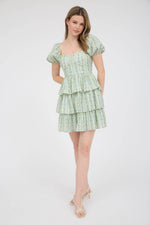 Strip Floral Puff Sleeve Tiered Mini Dress | Sage