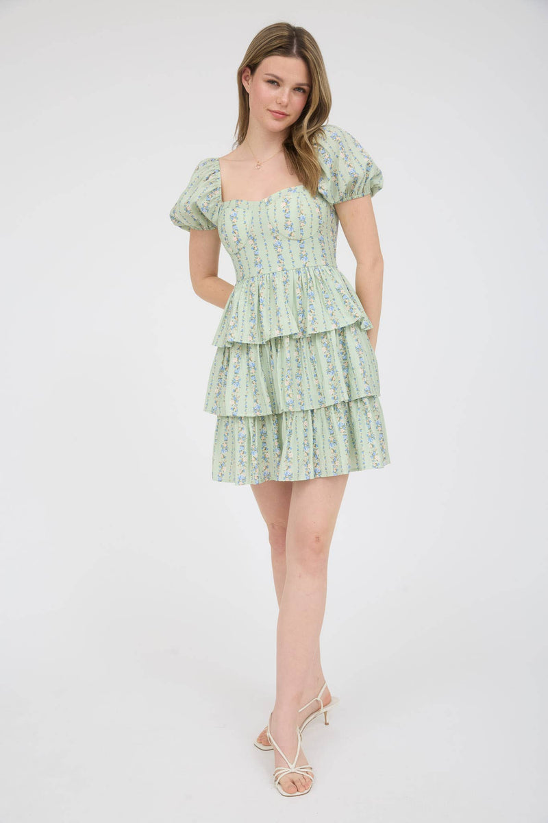 Strip Floral Puff Sleeve Tiered Mini Dress | Sage