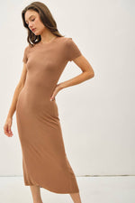 Ribbed Knit Short Sleeve Midi T-Shirt Dress | Toffee Brown