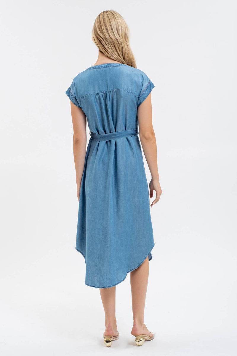 The Amanda Chambray Button Down Belted Midi Dress