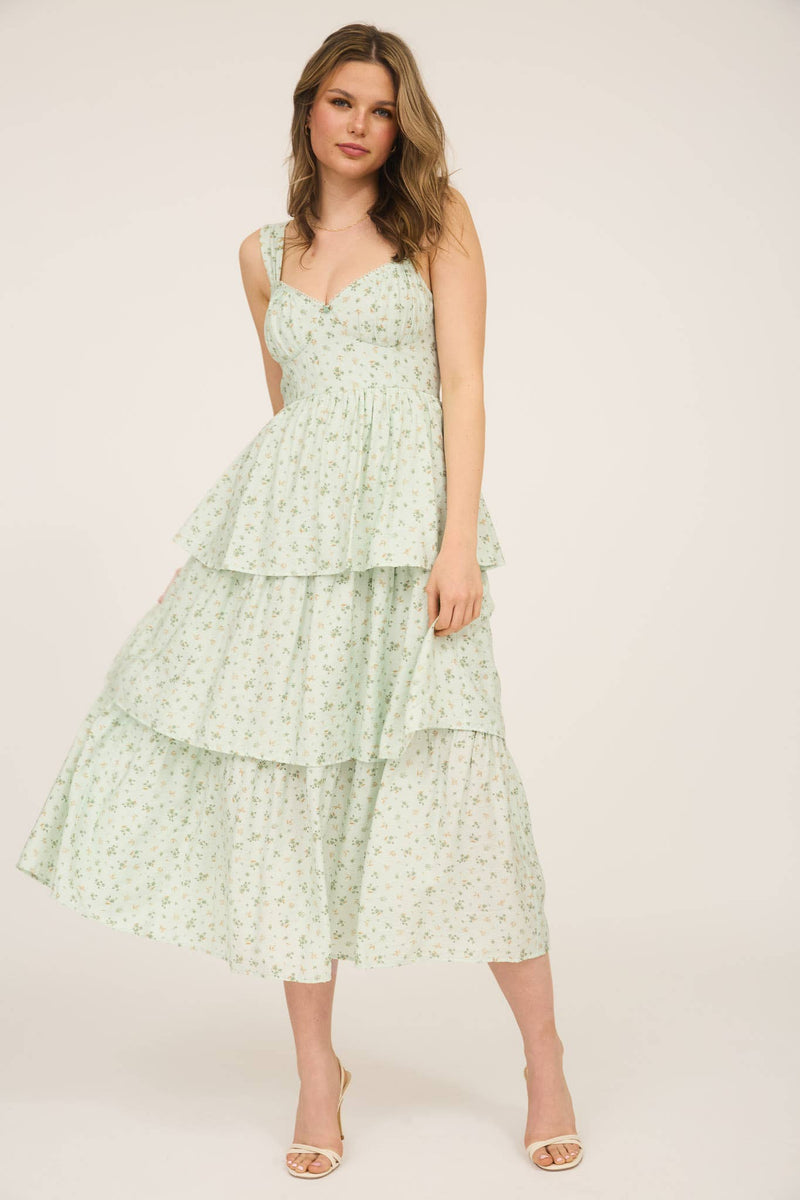 Corset Ruffle Tiered Midi Dress | Sage
