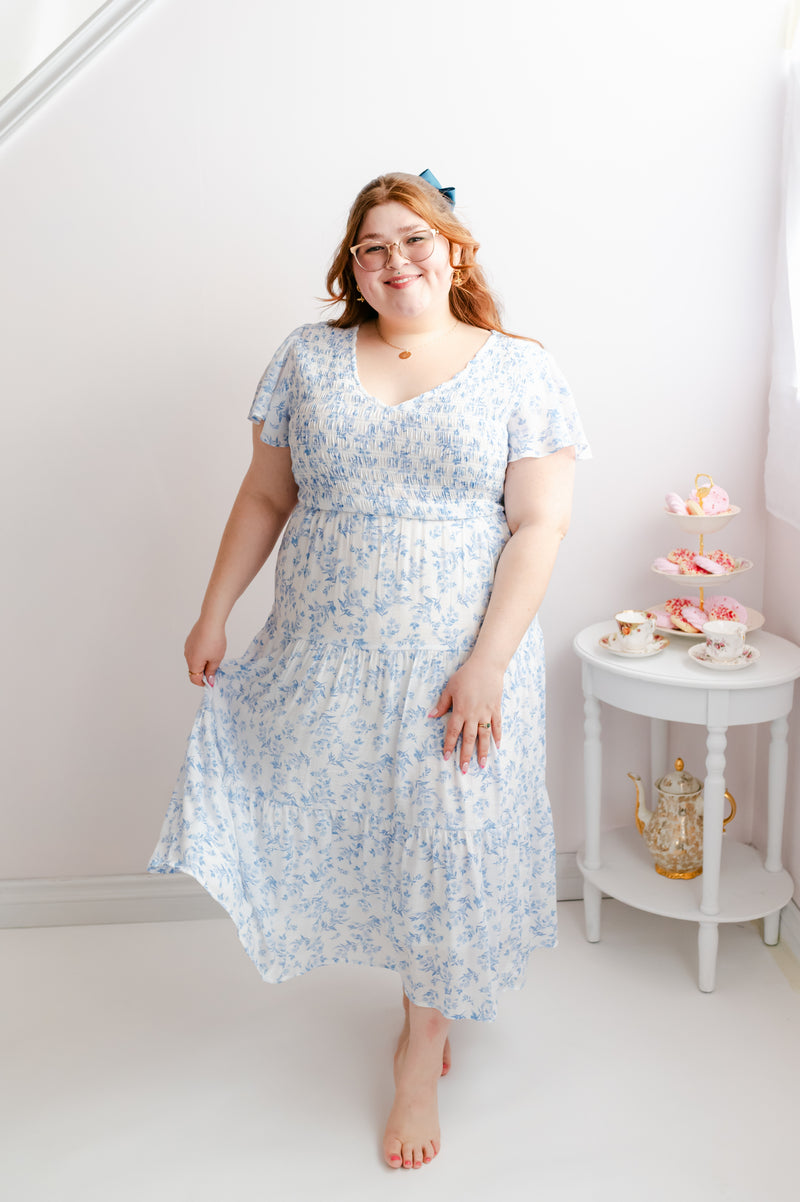 The Curvy Take Me Anywhere Smocked Flutter Sleeve Dress | Blue