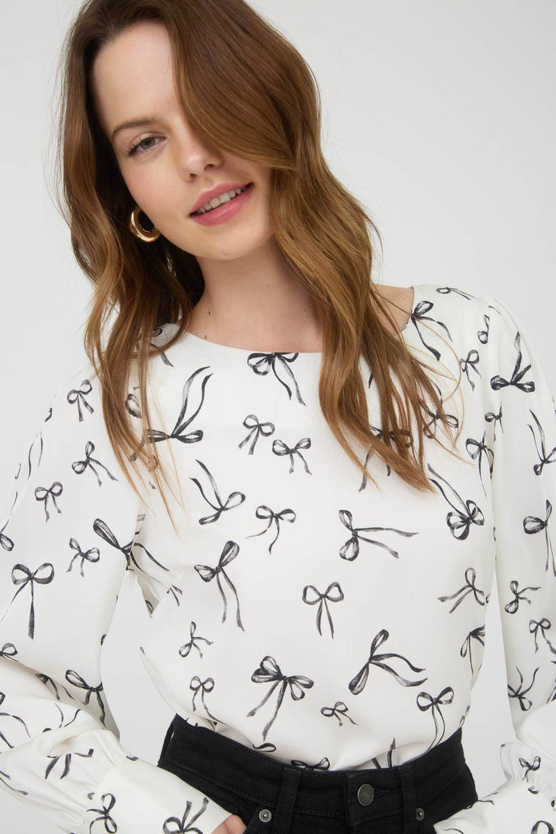 Bow Pattern Round Neck Long Sleeve Blouse | Cream