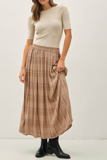 Plaid Printed Pleated Midi Skirt | Mocha