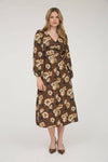 Fall Floral V-Neck Long Sleeve Button Midi Dress | Brown