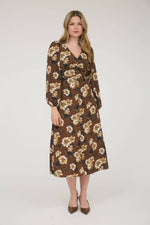 Fall Floral V-Neck Long Sleeve Button Midi Dress | Brown