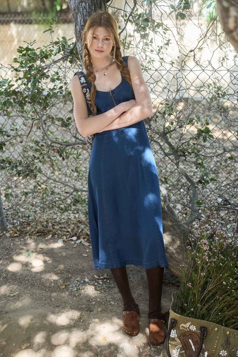Front Zip Sleeveless Denim Midi Dress