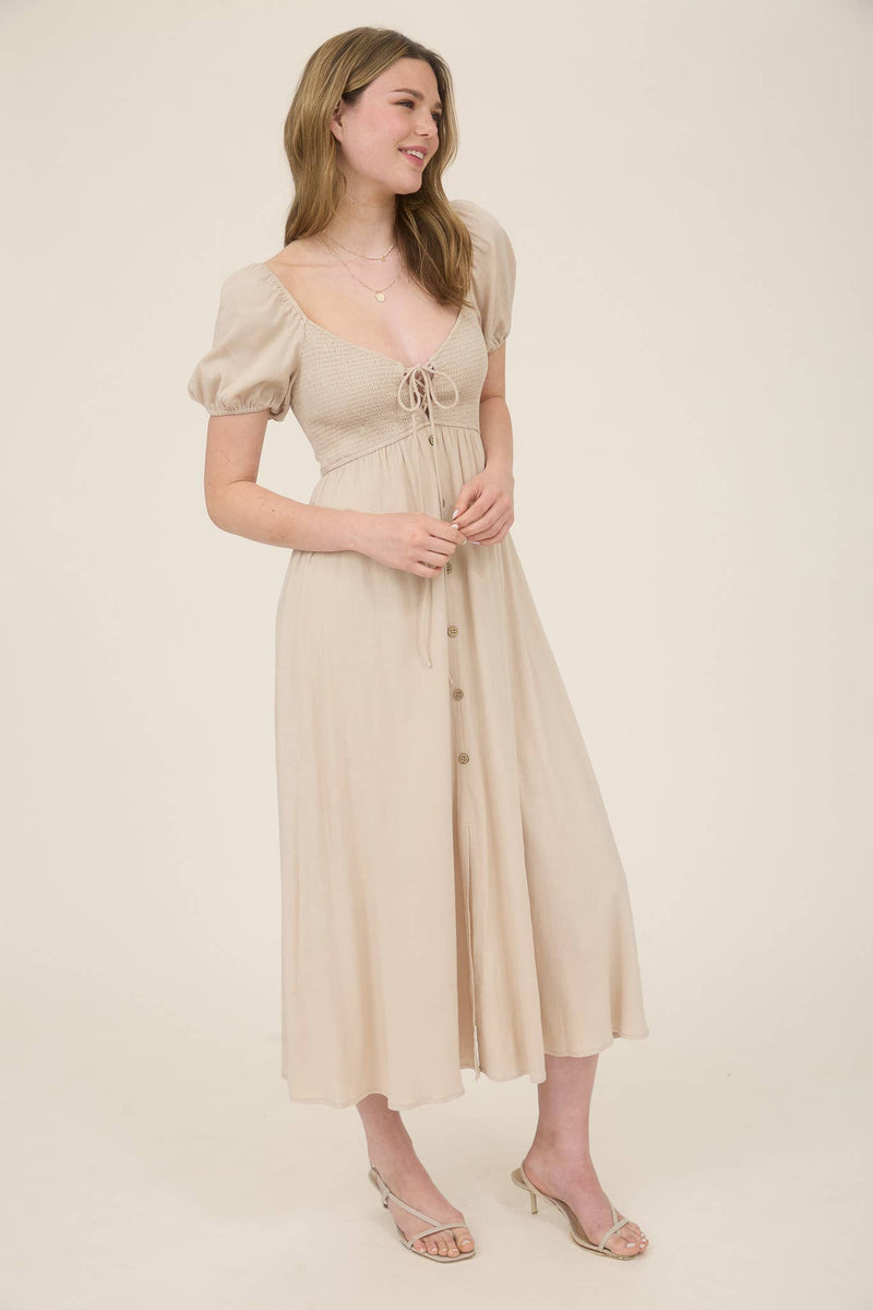 Smocked Front Tie Button Down Midi Dress | Khaki