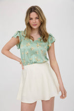 Floral Print V-Neck Scallop Satin Blouse | Dusty Mint