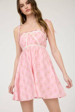 Floral Bow Pattern Tie Strap Mini Dress | Pink