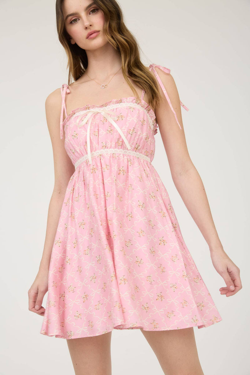 Floral Bow Pattern Tie Strap Mini Dress | Pink