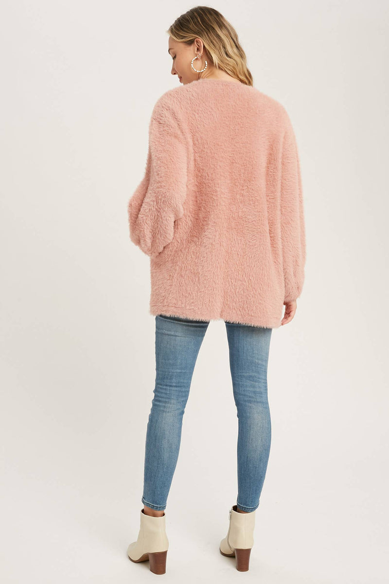 Fuzzy Knit Balloon Sleeve Jacket | Dusty Pink