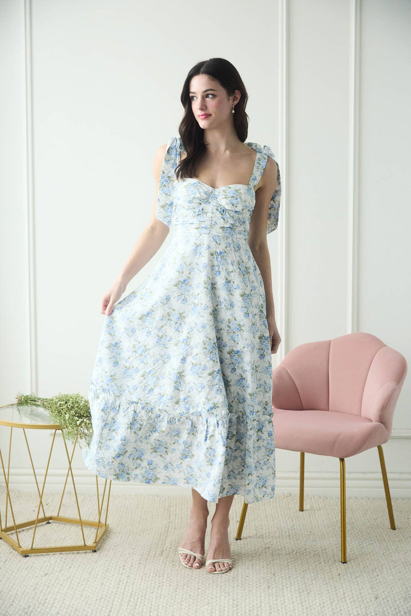 Floral Tie Strap Ruched Detail Maxi Dress | Blue