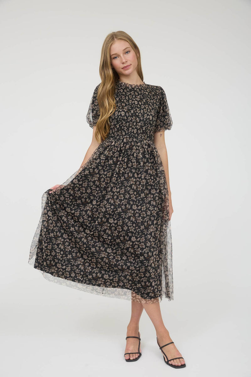 Floral Smocked Puff Sleeve Chiffon Midi Dress | Black