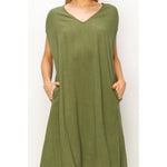 V-Neck Oversized Linen Midi Dress | Moss