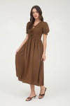 V-Neck Front Tie Smocked Puff Sleeve Midi Dress | Brown