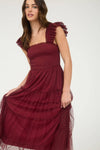 Garden Party Polka Dot Chiffon Tiered Midi Dress | Burgundy