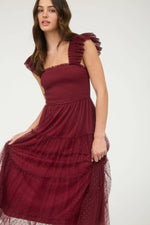 Garden Party Polka Dot Chiffon Tiered Midi Dress | Burgundy