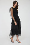 Mesh Smocked Long Sleeve Tiered Midi Dress | Black