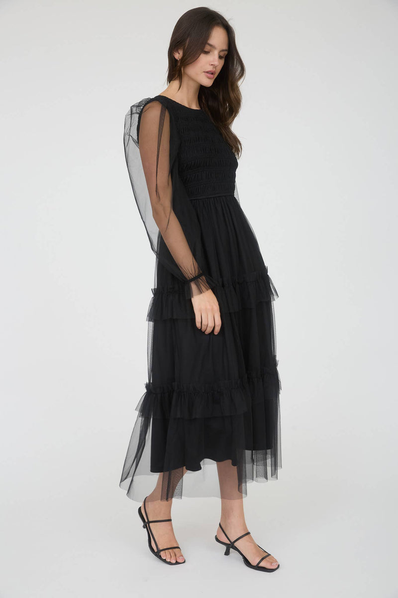 Mesh Smocked Long Sleeve Tiered Midi Dress | Black