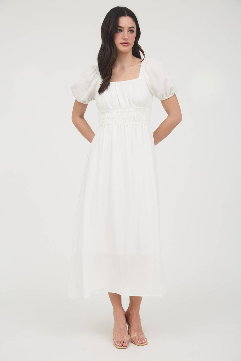 Solid Smocked Waist Balloon Sleeve Midi Dress | Off-White