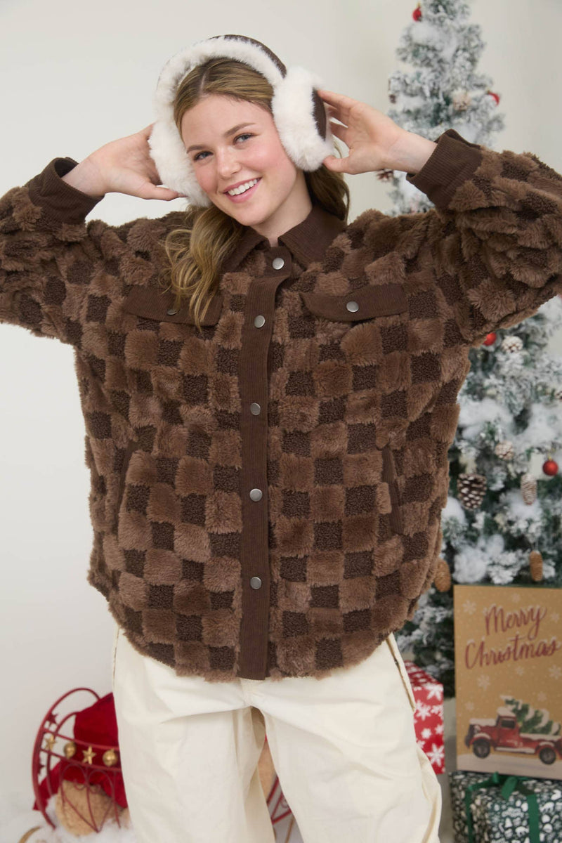 Checkered Faux Fur Button Shacket | Dark Brown